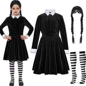 Spooktacular Creations Girls Collar Black Dress Costume With Wig